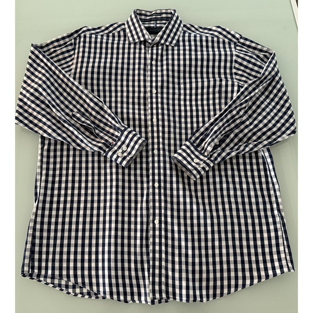 Tommy Hilfiger Regular Fit Shirt Preppy Men's L Blue Check Button Up Casual